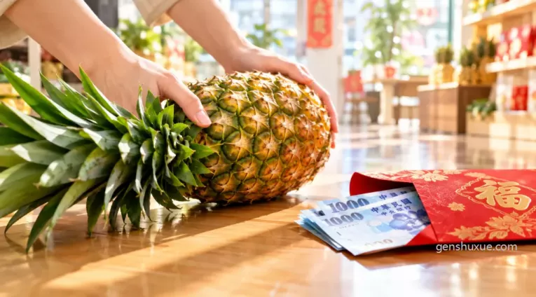 店面開張滾鳳梨好彩頭儀式特寫：雙手迎旺來滾進門、開工紅包袋口大開不封口廣納四方活水財氣