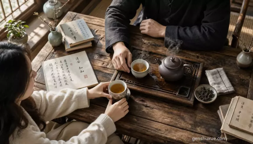 情侶在木質茶桌前溫潤品茗並以正統易學生活常理定心 情侶在木質茶桌前溫潤品茗並以正統易學生活常理定心