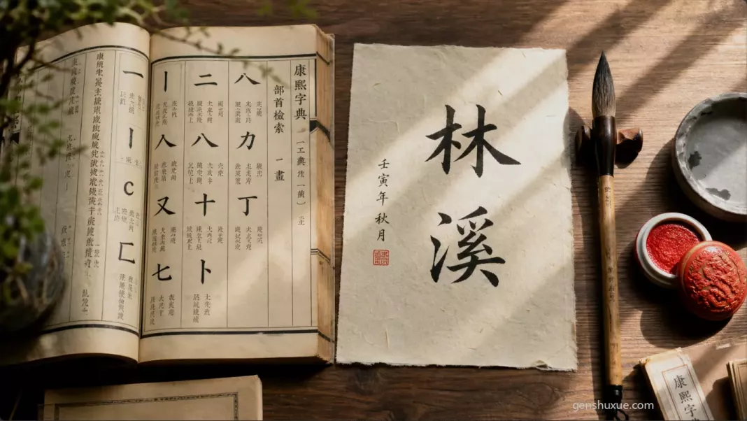 正統姓名學依據康熙字典部首本字考證筆劃與宣紙姓名書法「林溪」 正統姓名學依據康熙字典部首本字考證筆劃與宣紙姓名書法「林溪」