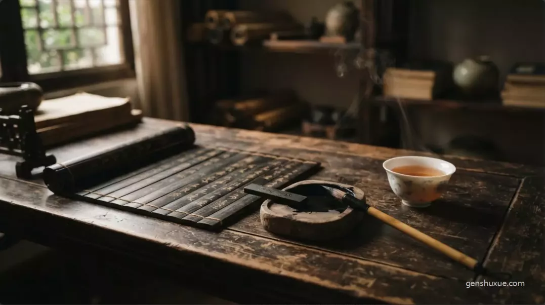 小六壬算到赤口避凶急煞車心法：案頭竹簡毛筆與藉端茶喝水深呼吸降溫