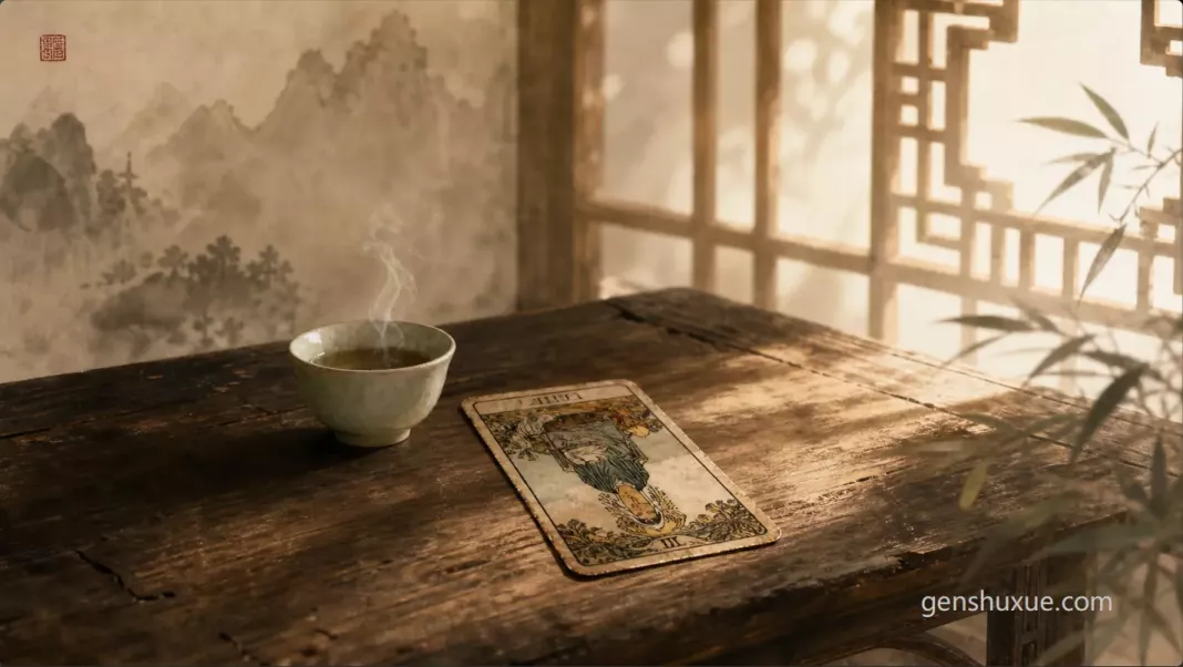 塔羅牌算感情抽到逆位牌意境圖:古木茶桌倒立牌面、青瓷熱茶晨光與宣紙水墨寧靜氛圍 塔羅牌算感情抽到逆位牌意境圖:古木茶桌倒立牌面、青瓷熱茶晨光與宣紙水墨寧靜氛圍