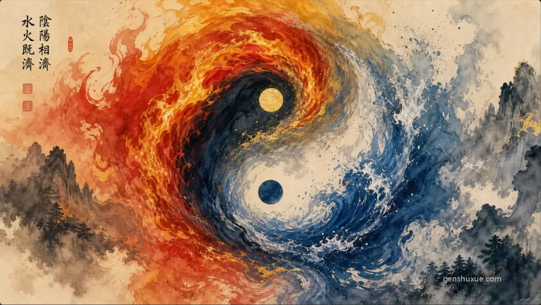 火象水象配對之水火既濟:古典占星四元素烈焰與清流交融之東方水墨太極意境 火象水象配對之水火既濟:古典占星四元素烈焰與清流交融之東方水墨太極意境
