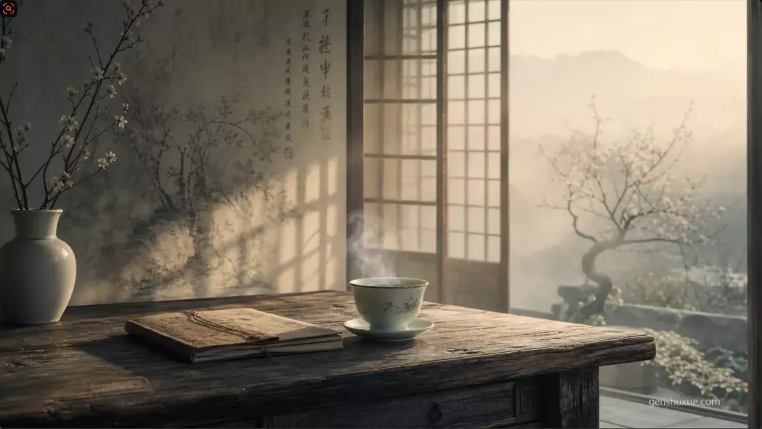 清晨薄霧晨光穿透宣紙窗欞與几案白瓷熱茶手帳象徵夢醒安神 清晨薄霧晨光穿透宣紙窗欞與几案白瓷熱茶手帳象徵夢醒安神