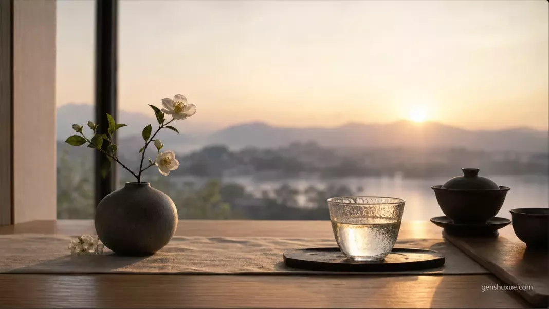 日出晨曦窗邊木几茶席上一杯澄澈溫水與陶瓶白花象徵晨起安神重返生活常理 日出晨曦窗邊木几茶席上一杯澄澈溫水與陶瓶白花象徵晨起安神重返生活常理