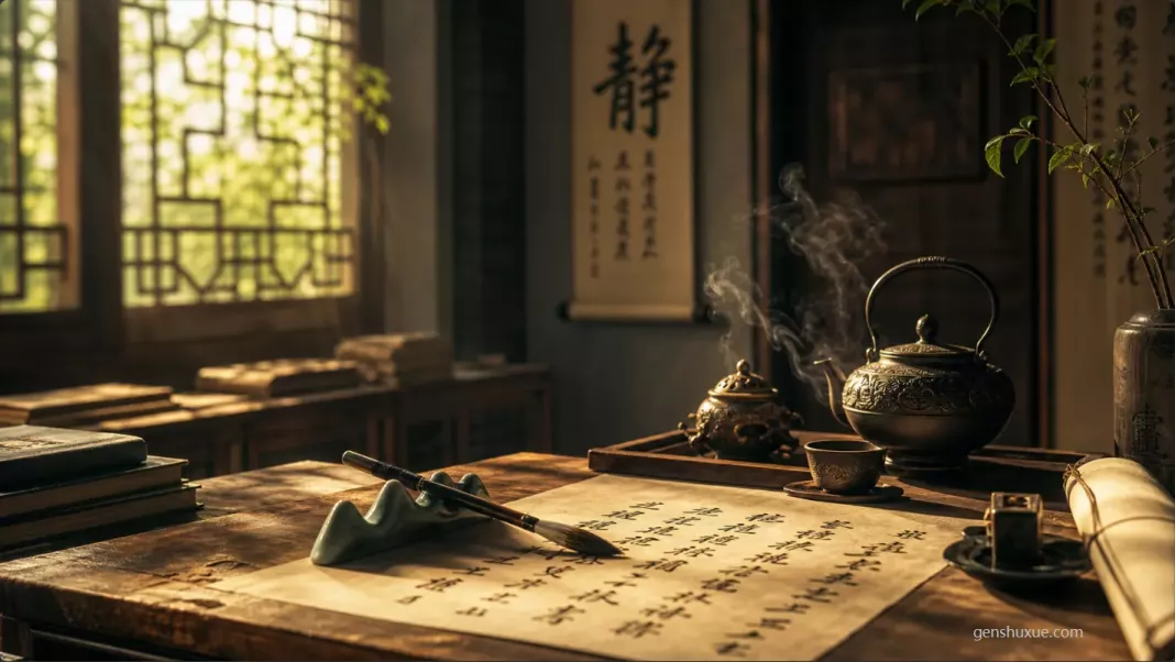 中式書齋案頭陳列毛筆宣紙與靜字掛軸,以理性心境依循四階取名金字塔推演八字喜用好名 中式書齋案頭陳列毛筆宣紙與靜字掛軸,以理性心境依循四階取名金字塔推演八字喜用好名