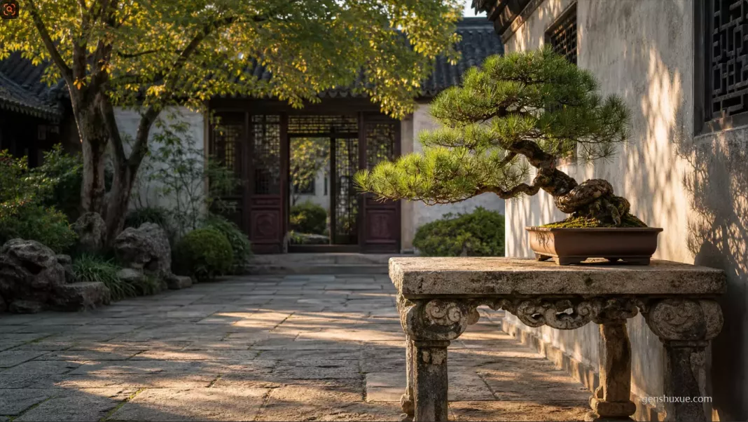 古典中式庭院石桌松柏盆景,象徵正統易學取名源於天地陰陽平衡與古籍禮制 古典中式庭院石桌松柏盆景,象徵正統易學取名源於天地陰陽平衡與古籍禮制